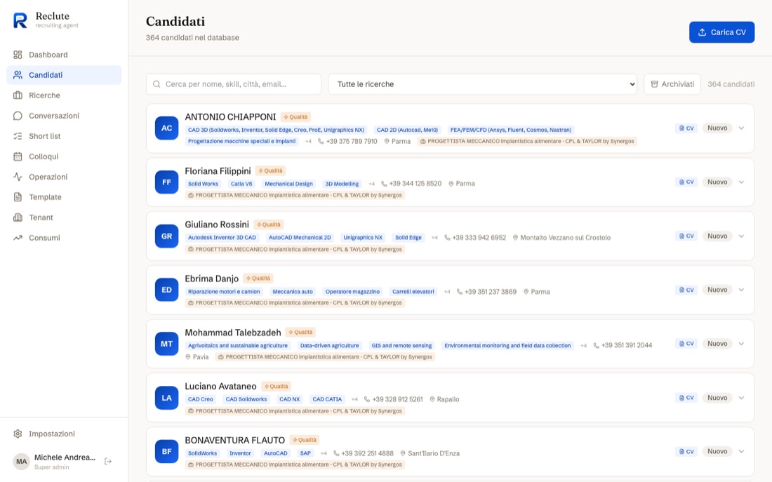 Schermata della sezione Candidati di Reclute