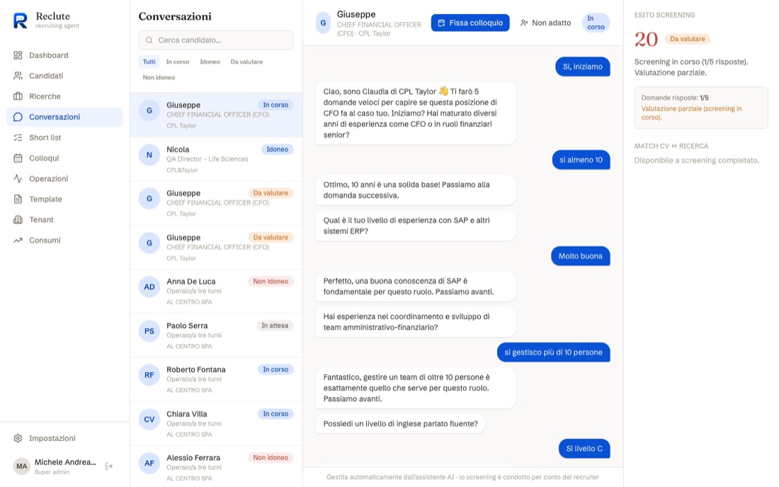 Schermata della sezione Conversazioni di Reclute