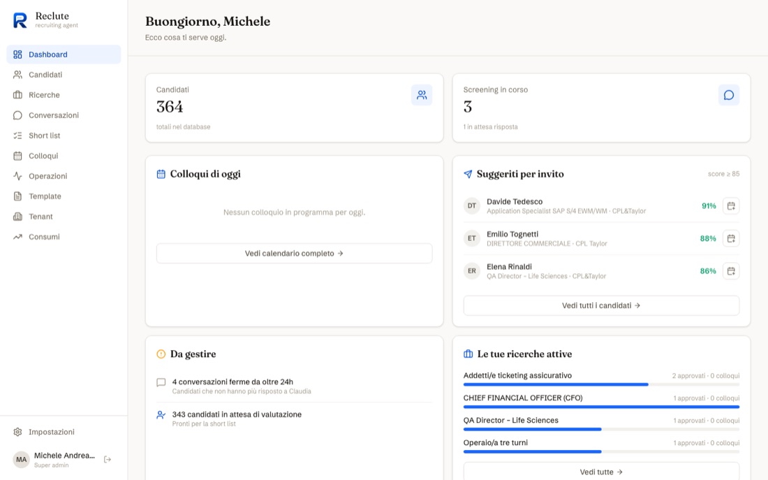 Schermata della sezione Dashboard di Reclute