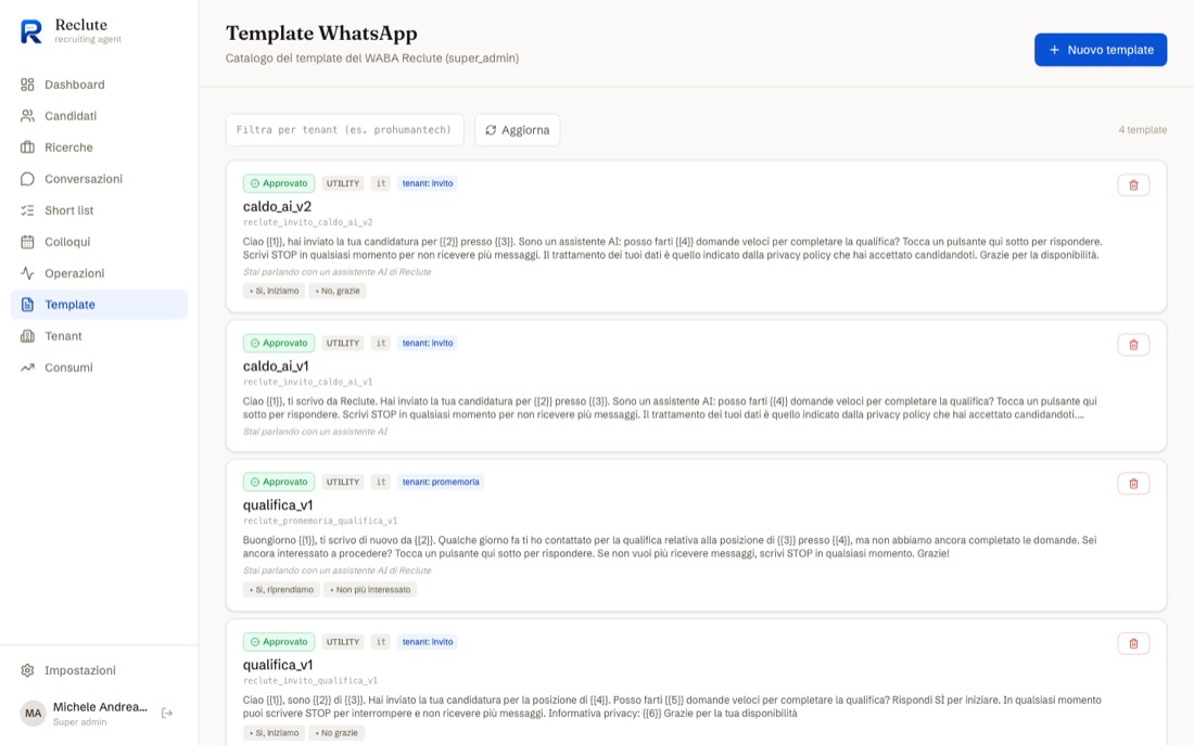 Schermata della sezione Template di Reclute