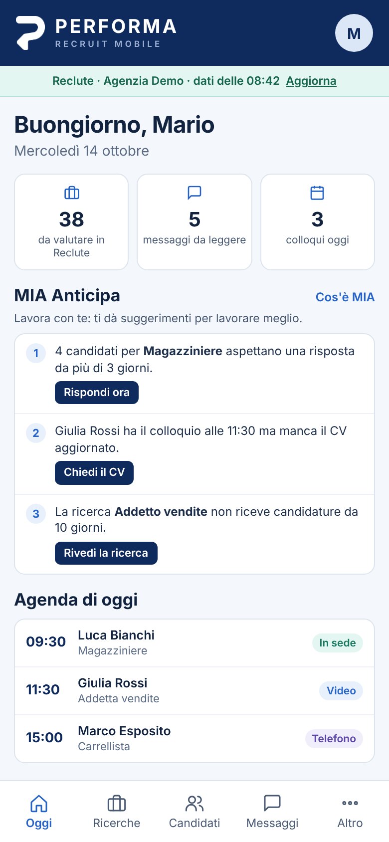 Schermata Oggi di Performa Recruit Mobile con i suggerimenti di MIA Anticipa e i colloqui del giorno