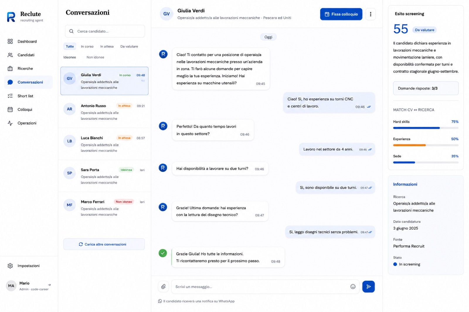Conversazione WhatsApp con un candidato e esito screening in Reclute